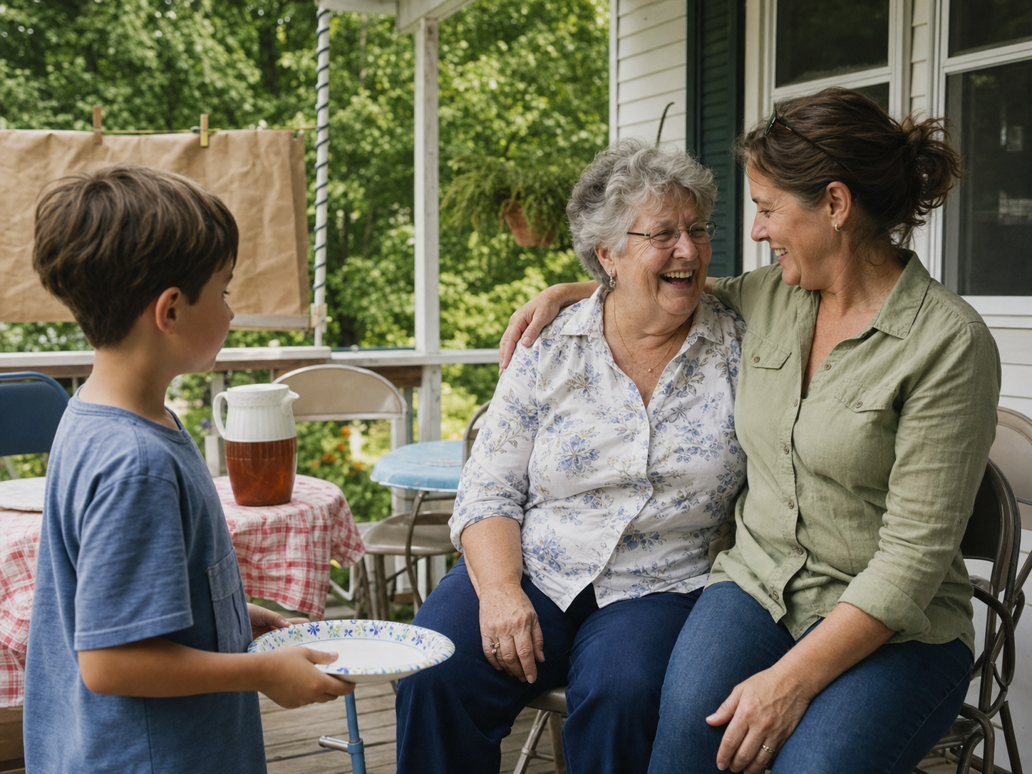 Three generations sharing a laugh on a covered porch