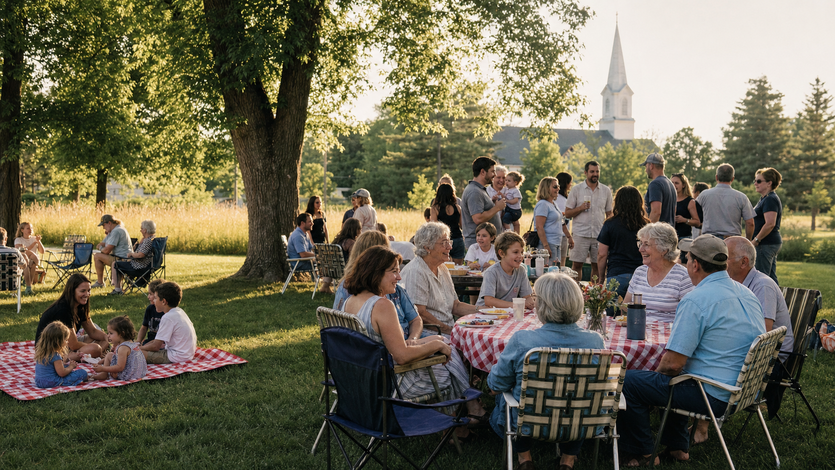 Family members gathered under the trees at a reunion picnic